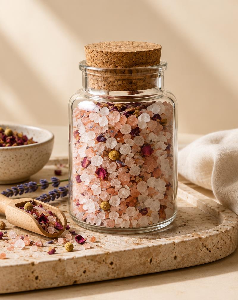 Jar of mineral bath salts with dried botanicals on a stone tray