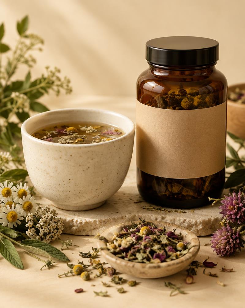 Herbal lymph tea in a ceramic cup beside an amber jar